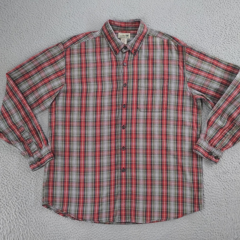 LL Bean Shirt Mens Large Red Green Plaid Button Down Cotton Long Sleeve